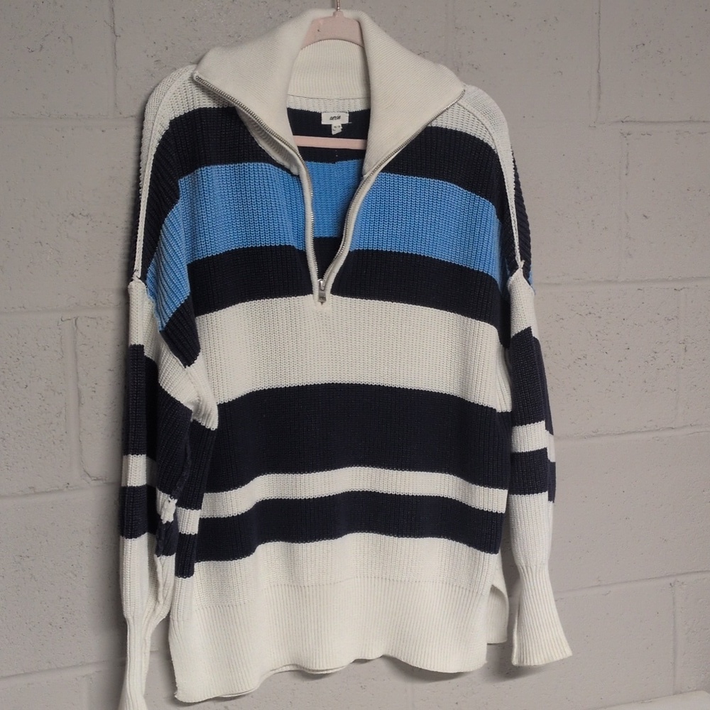Aerie 1/4 Zip Beyond Sweater, Oversized Fit Blue Stripe Cotton Ribbed Sweater XS - Picture 4 of 7